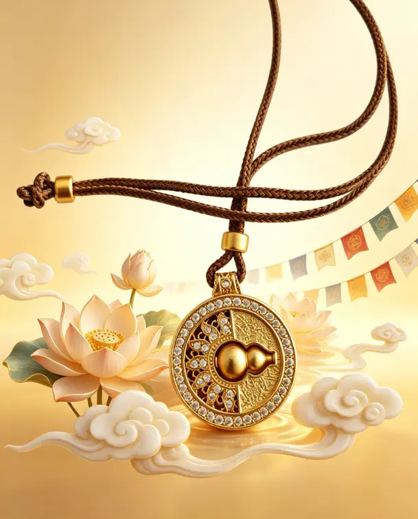 Vintage 18K Gold Plated Calabash Amulet Necklace, Oriental Lotus Hollow Diamond Inlaid Lucky Gourd Pendant Spiritual Blessing Neck Jewelry