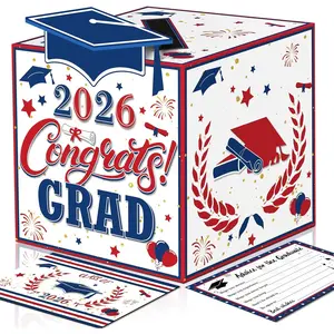 Graduation Wish Cards with Red Blue White Card Holder Box - 36PCS Class Of 2026 Advice Cards and 2026 Congrats Grad Card Box for Graduation Party Supplies Decoration