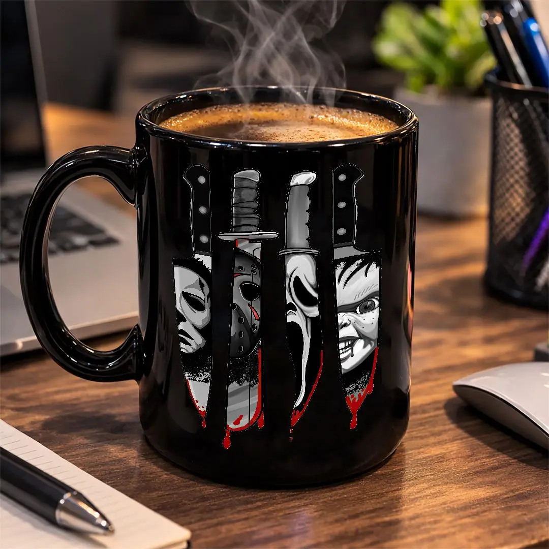 Slasher Knife Horror Mug, Masked Villain Blade Collage Coffee Cup, Creepy Halloween Gift for Horror Lovers