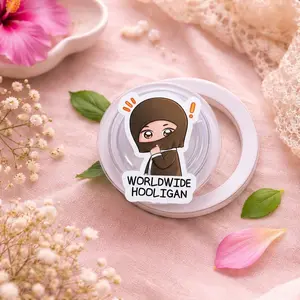 "Worldwide Hooligan" Chibi Streetwear Phone Grip Clear Acrylic Griptok - Aesthetic Edgy Anime Character Cell Phone Stand Holder, Unique Urban Style Smartphone Ring Accessory, Gift for Him/Her