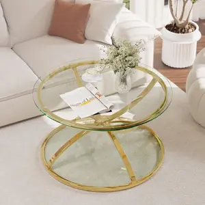 31.5'' Round Tempered Glass Coffee Table with Chrome Metal Frame & Lower Shelf, Modern Minimalist Cocktail Table with Dual Glass Design (Gold)