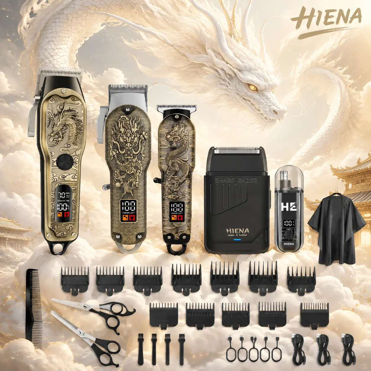 Men’s 5-piece electric hair clipper set featuring a copper dragon design; USB rechargeable electric push clippers, hairstyling trimmer, fades/edge detailing, an ideal choice for home grooming, perfect as a holiday gift and Valentine’s Day present.
