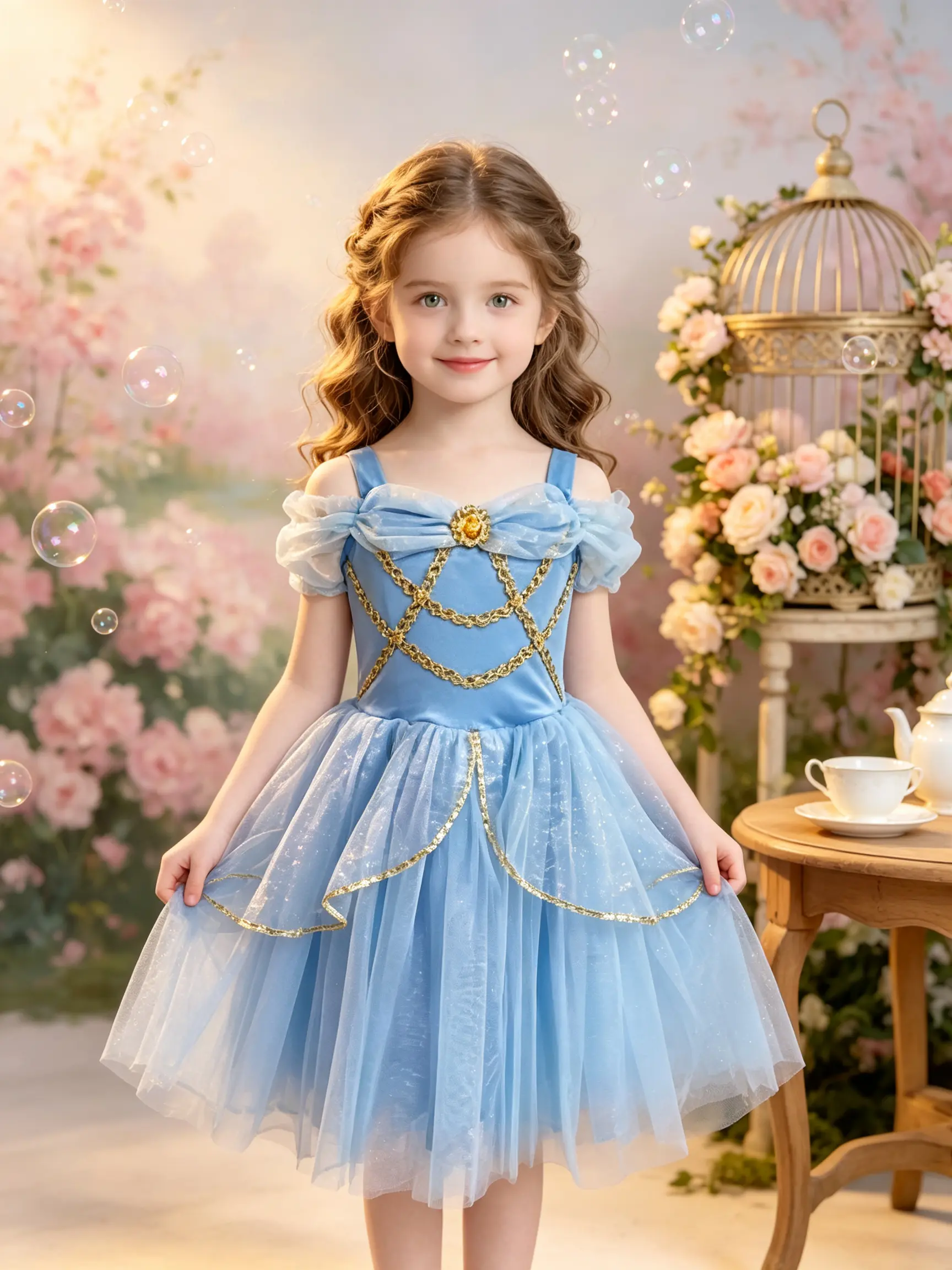 Sparkly Tulle Princess Dress for Little Girls, Off-Shoulder Multi-Tier Tutu Ball Gown with Gold Chain, Princess Aesthetic Birthday Clothes, Little Girl Dress, Ballet Tutu, Above Knee, Bodycon, All Seasons, Child Sized Formal Dresses