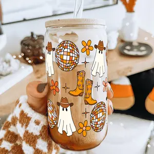 Sip-Sip Hooray! 16oz Western Ghost Halloween Glass Can Cup – Bamboo Lid & Plastic and Glass Straws, Aesthetic Handmade Drinkware, Reusable & Washable Fall Tumbler Mug Water Bottles Portable