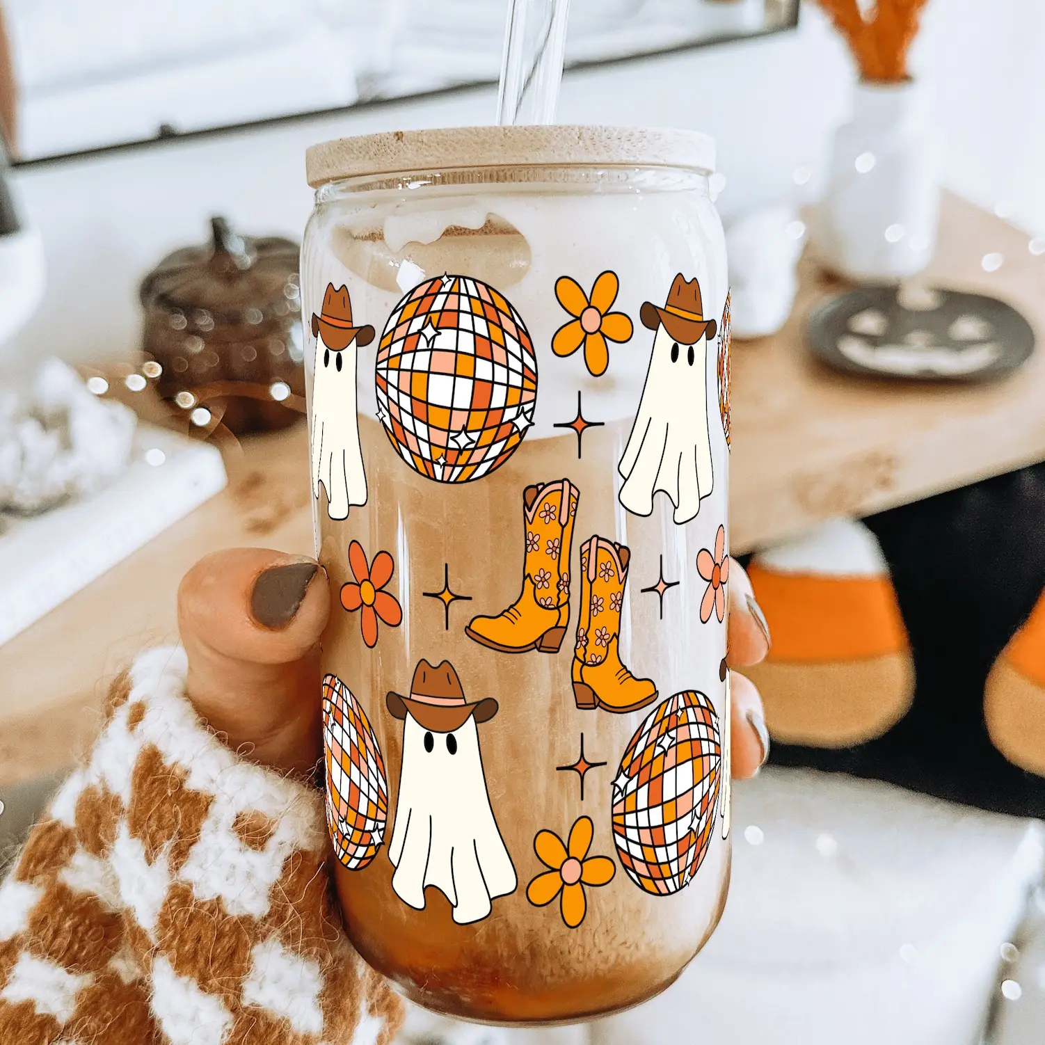 Sip-Sip Hooray! 16oz Western Ghost Halloween Glass Can Cup – Bamboo Lid & Straw, Aesthetic Handmade Drinkware, Reusable & Washable Fall Tumbler Mug Wa