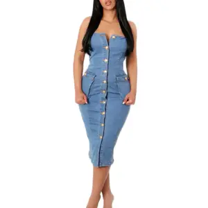 1 2 3 4 Button Down Strapless Midi Dress - Washed Denim Bodycon Dress with Cargo Pockets, Casual Style, Summer Wear, Model Size Small - Minimalist, Womenswear, Sleeveless, Comfort, Basic
