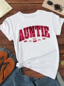 Plus Size, Auntie Social Club" Glittery Letter Print T-Shirt - Comfy, Crew Neck, Short Sleeve, All-Season Casual Tee with Easy Care, Machine Washable