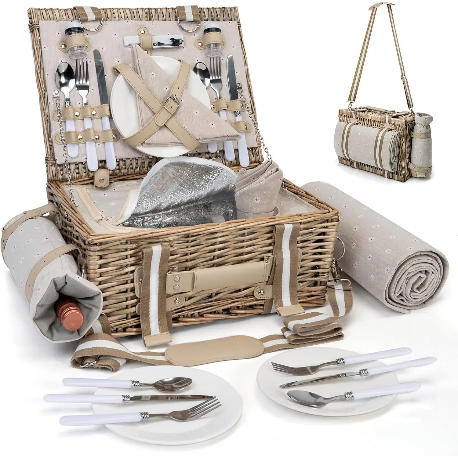 Handmade Willow Wicker Picnic Basket Set for 4 - 31pcs Camping Kit with Insulated Cooler Interior, Waterproof Blanket, Porcelain Plates, Stainless Steel Flatware - Christmas Gift for Couples, Valentine