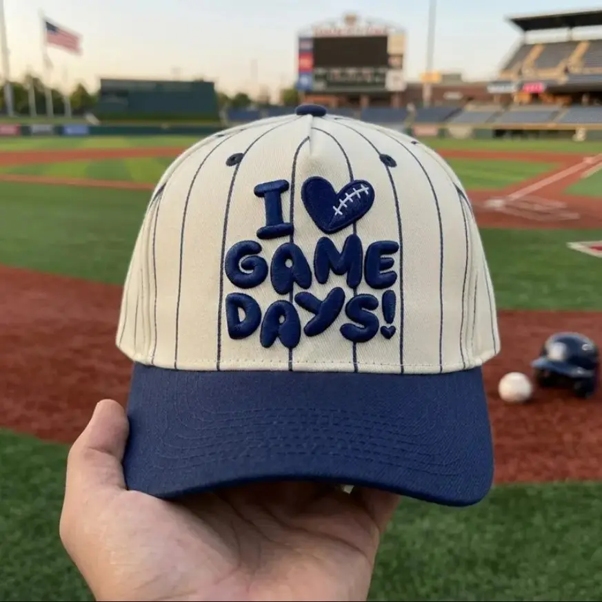 3D Puff Embroidered I Love Game Days Pinstripe Hat, Baseball Two Tone Cap Custom Thread Color, Gif For Sport Lovers
