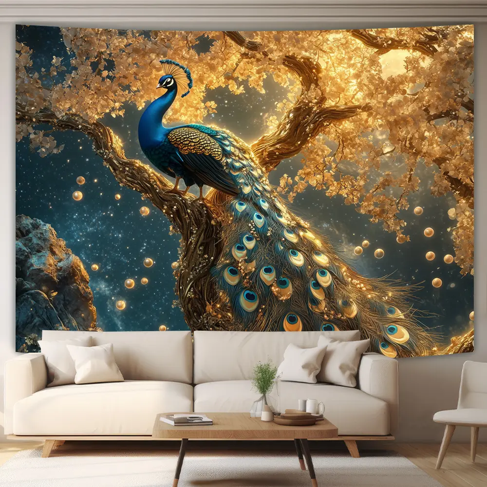 Peacock on Golden Tree Tapestry - Perfect for Living Room, Bedroom, Office Decor & Party Backdrop |       Ideal Creative Gift