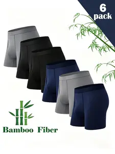 Men's Plain Bamboo Fiber Boxer Briefs - 6-Pack, 6 Colours, Soft Breathable Elastic Fabric, All-Season Casual Underwear for Daily, Athletic Use