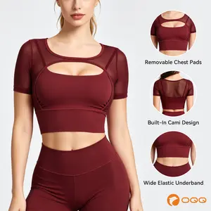 OQQ Women's Mesh Short Sleeve Crop Top Built in Bra Workout Tops for Women Yoga Gym Athletic T-Shirts