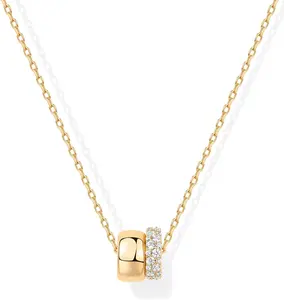 PAVOI 14K Gold Plated Pendant Necklace for Women | Two Distinct Rondelle Pendants with Cubic Zirconia | Sliding Chain Pendant | Trendy Fashion Jewelry, Adjustable Size, Dainty Look