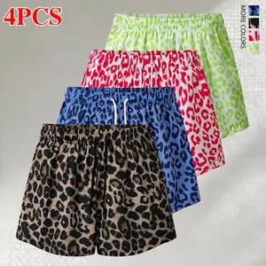 Women’s leopard print shorts, set of 4 lightweight styles with elastic waistband; sporty, casual shorts for women—summer fashion, comfortable everyday wear; breathable material; a must-have for fitness enthusiasts.
