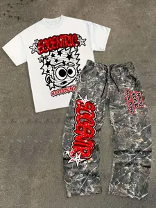Men's 2 Piece Streetwear Set with Eccentric Graphic T-Shirt, Branch Camouflage Wide Leg Pants, Ideal for Urban Style and Subculture Events