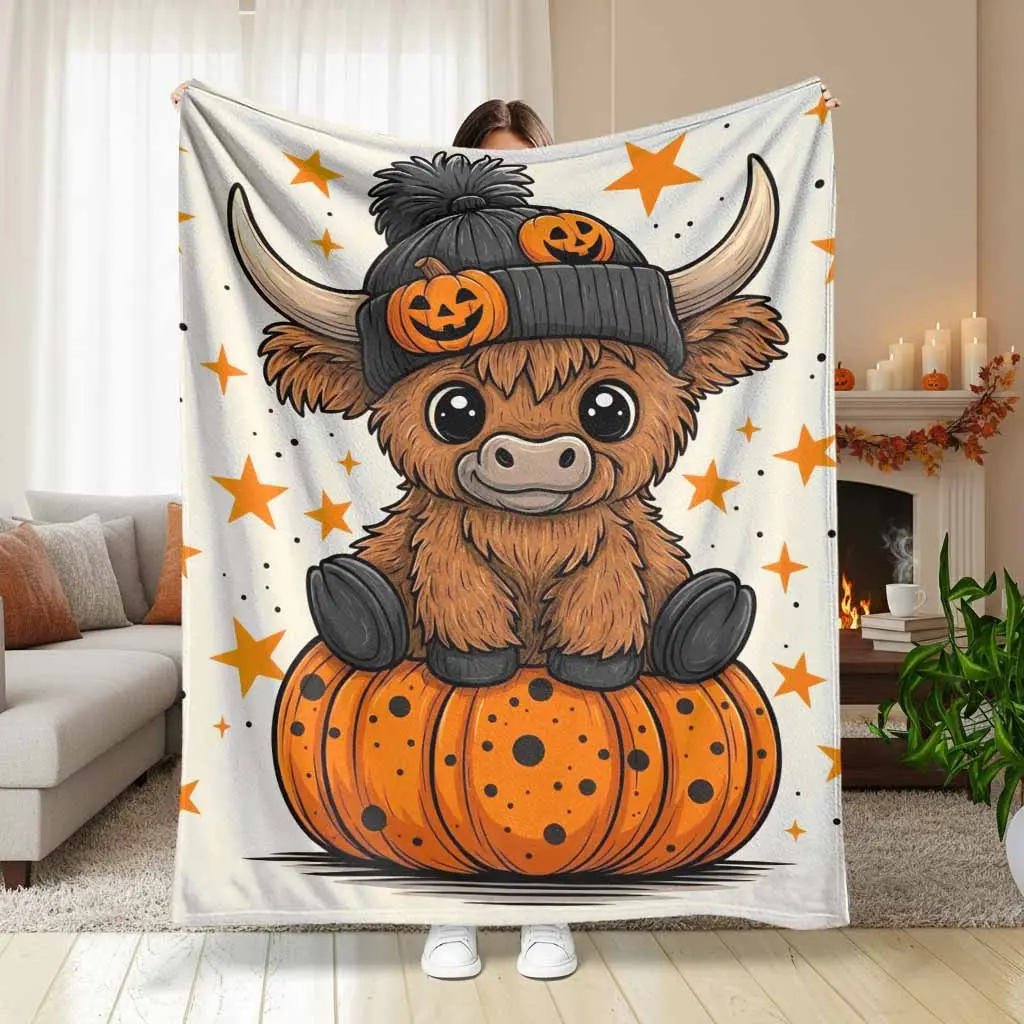 Highland Cow Flannel Fleece Blanket - Halloween Pumpkin Star Print, Ultra-Soft Lightweight Cozy Plush Throw - Autumn Sofa/Couch Bedding, Thanksgiving Decor, Warm Gift | summerwins, Summervibes, dealsforyou, midyearsale, restock, dealsforyoudays