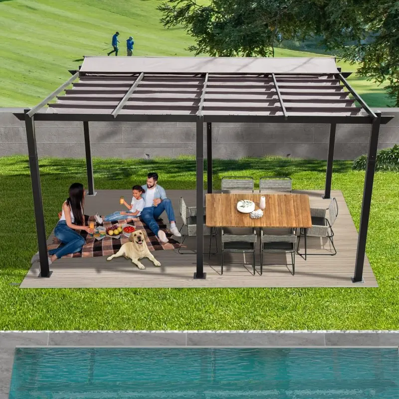 11x16 FT Sturdy Aluminum Alloy Rectangular Outdoor Retractable Pergola with Retractable Roof, Weather-Resistant Polyester Canopy, Powder-Coated Poles, Dark Gray - Assembly Required for Lawn, Outdoor Dining, Adjustable