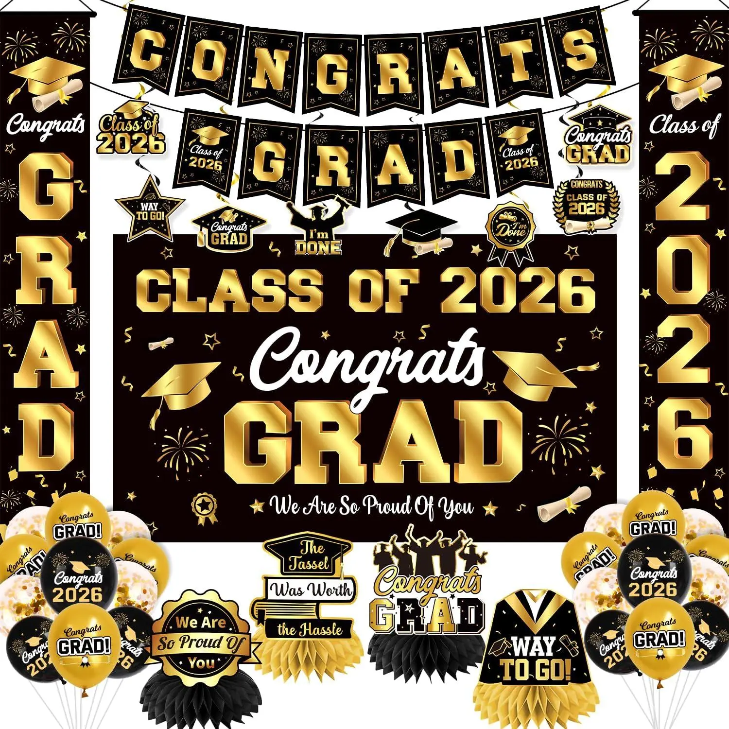 Graduation Decorations 2026 Black and Gold Party Decor Set Include Congrats Grad Banner Graduation Backdrop Class of 2026 Balloons Party Supplies M AMFEOV