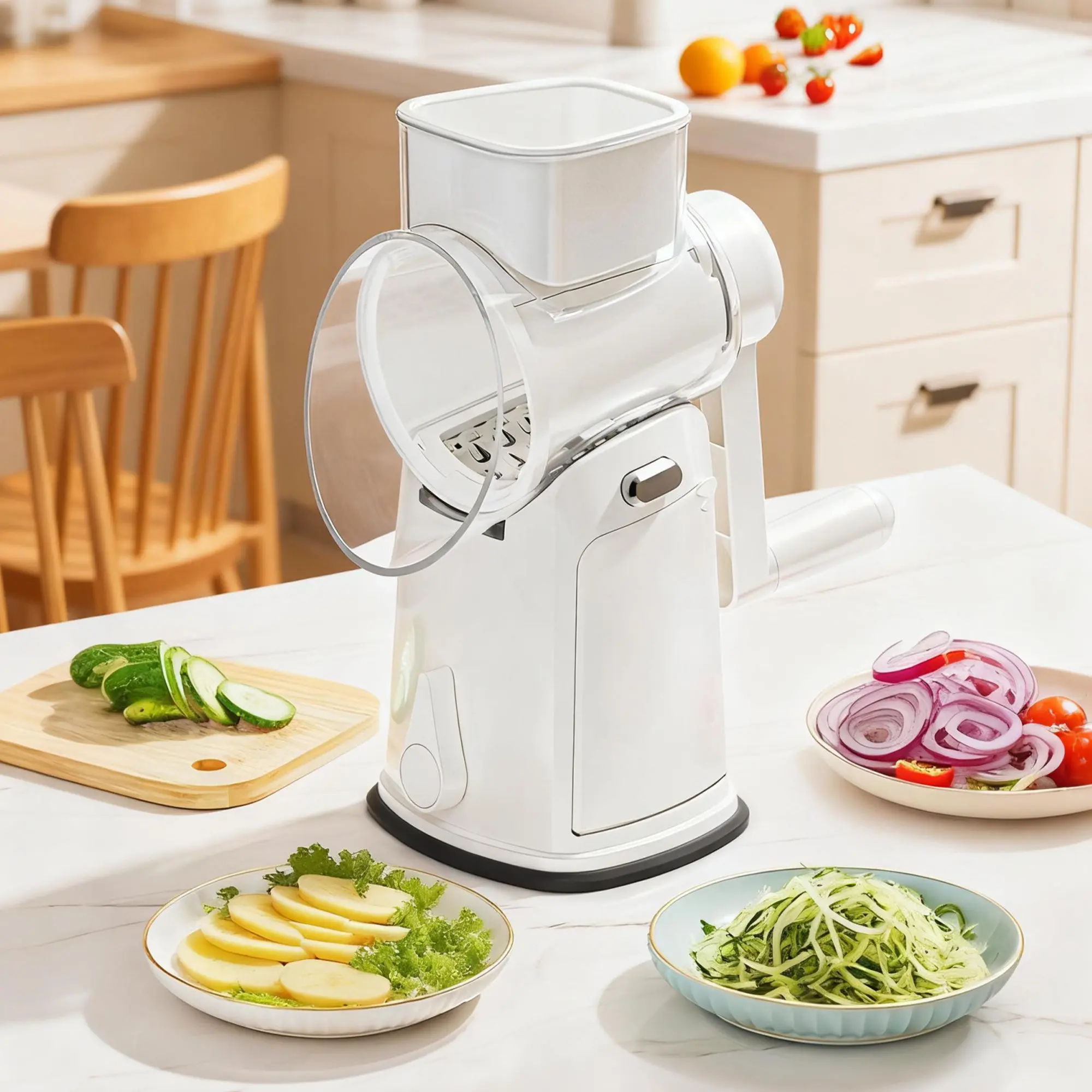 10 in 1 Rotary Vegetable Cutter, Hand Crank Mandoline Slicer with 9cm Wide Mouth, Strong Suction Base, Detachable Washable Cheese Grater Shredder for Veggie Potato Carrot, White