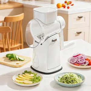 10 in 1 Rotary Vegetable Cutter, Hand Crank Mandoline Slicer with 9cm Wide Mouth, Strong Suction Base, Detachable Washable Cheese Grater Shredder for Veggie Potato Carrot, White