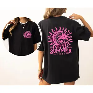 Women's Summer Vibes Front & Back Comfort Colors Tee, Beach Please Sunset Ocean Palm Print, Hot Girl Summer Vacation Graphic, Retro Beachy Design, Soft Washed Cotton, Relaxed Fit for Holiday Travel & Casual Coastal Streetwear