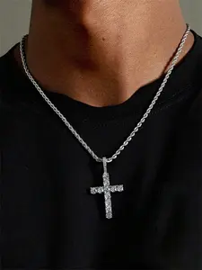Men's Stainless Steel Cross Pendant Necklace, Faith Pendant, Cross Charm Necklace, Twisted Rope Chain, Hip Hop Rap Rock Fashion, Diamond-Inlaid, 1pc Jewelry
