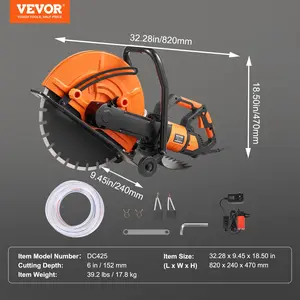 VEVOR Electric Concrete Saw, 16 in, 3200 W Motor Circular Saw Cutter with Max. 6 in Adjustable Cutting Depth, Wet Disk Saw Cutter Includes Water Line, Pump and Blade, for Stone, Brick
