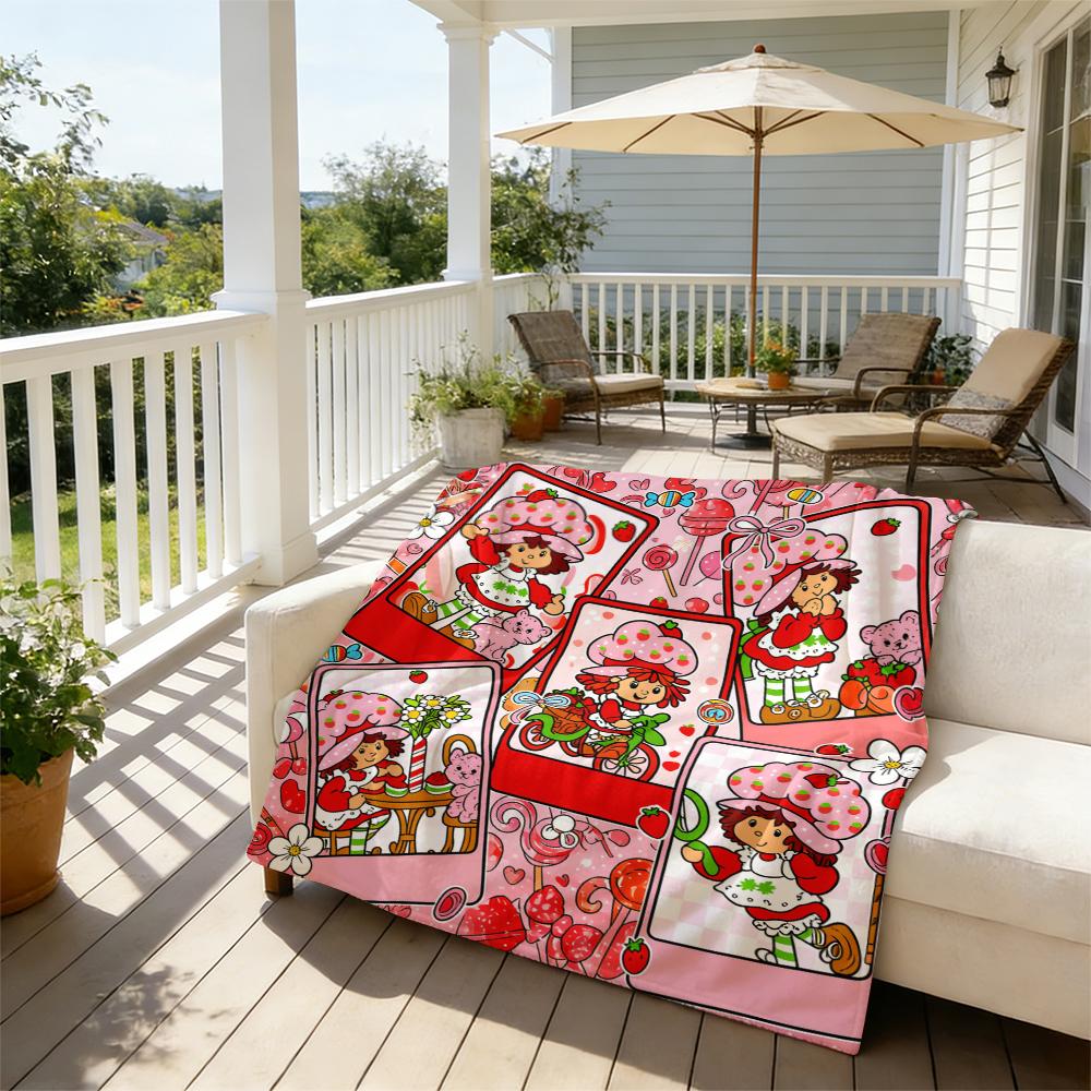 Strawberry Shortcake Flannel Throw Blanket, Sweet Strawberry Girl & Cat Design, Cartoon Pattern Blanket, Soft Lightweight Cozy, child Room Sofa Decor, Nostalgic Gift Suitable for all four seasons A gift suitable for fans, friends and children