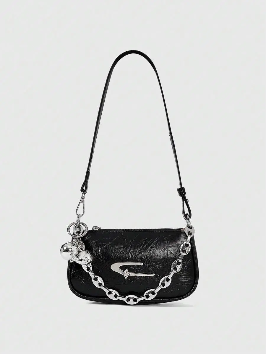 LUNA LAYER Grunge Punk Square Crossbody Bag Metal Star Chain Strap Mini Black