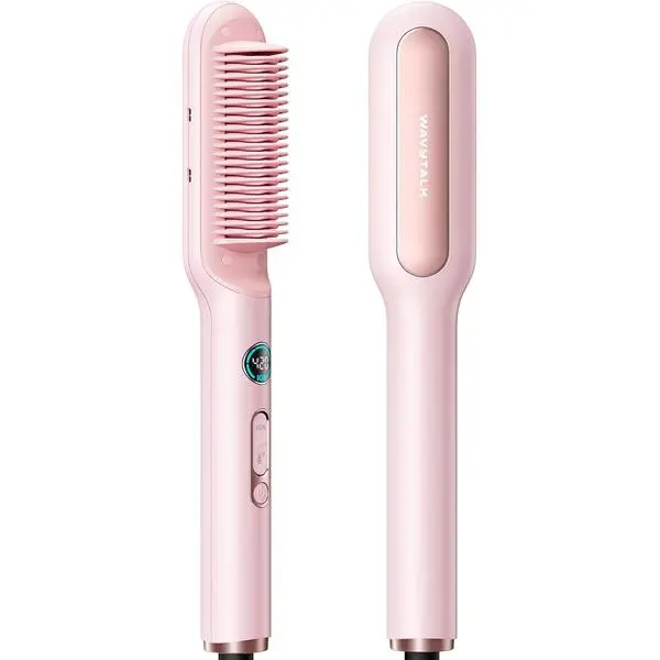 Wavytalk Hair Straightener Brush, Sleek Sweep Ionic Straightening Brush | Anti-Scald Ceramic Straightener Comb with LED Display for Super Smooth hair, Dual Voltage, Rose Gold.