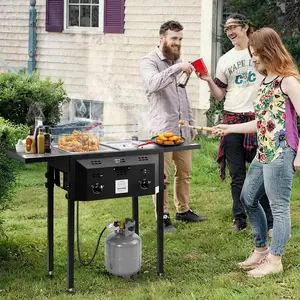 【Summervibes】Double basket deep fryer with foldable side shelf, black color, gas fryer