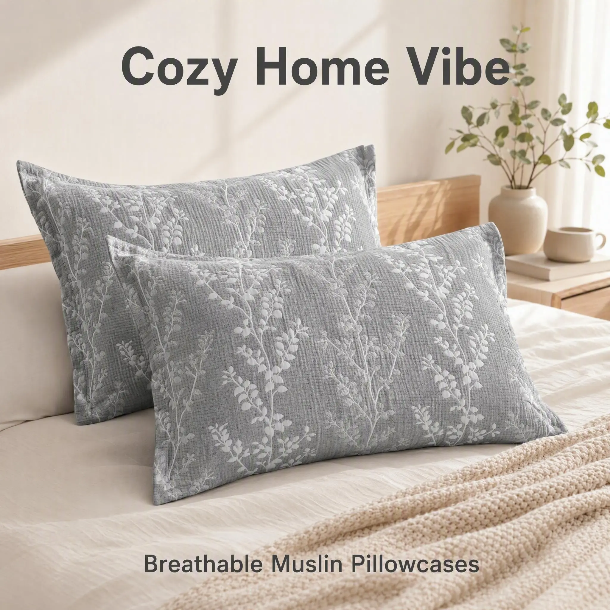 Bedsum 2-Piece 3-Layer Muslin Cotton Pillowcases - Cotton Jacquard Woven Geometric Print, Soft, Breathable, Anti-Allergic, Skin-Gentle, Durable, Eco-Friendly Bedroom Bedding Accessories