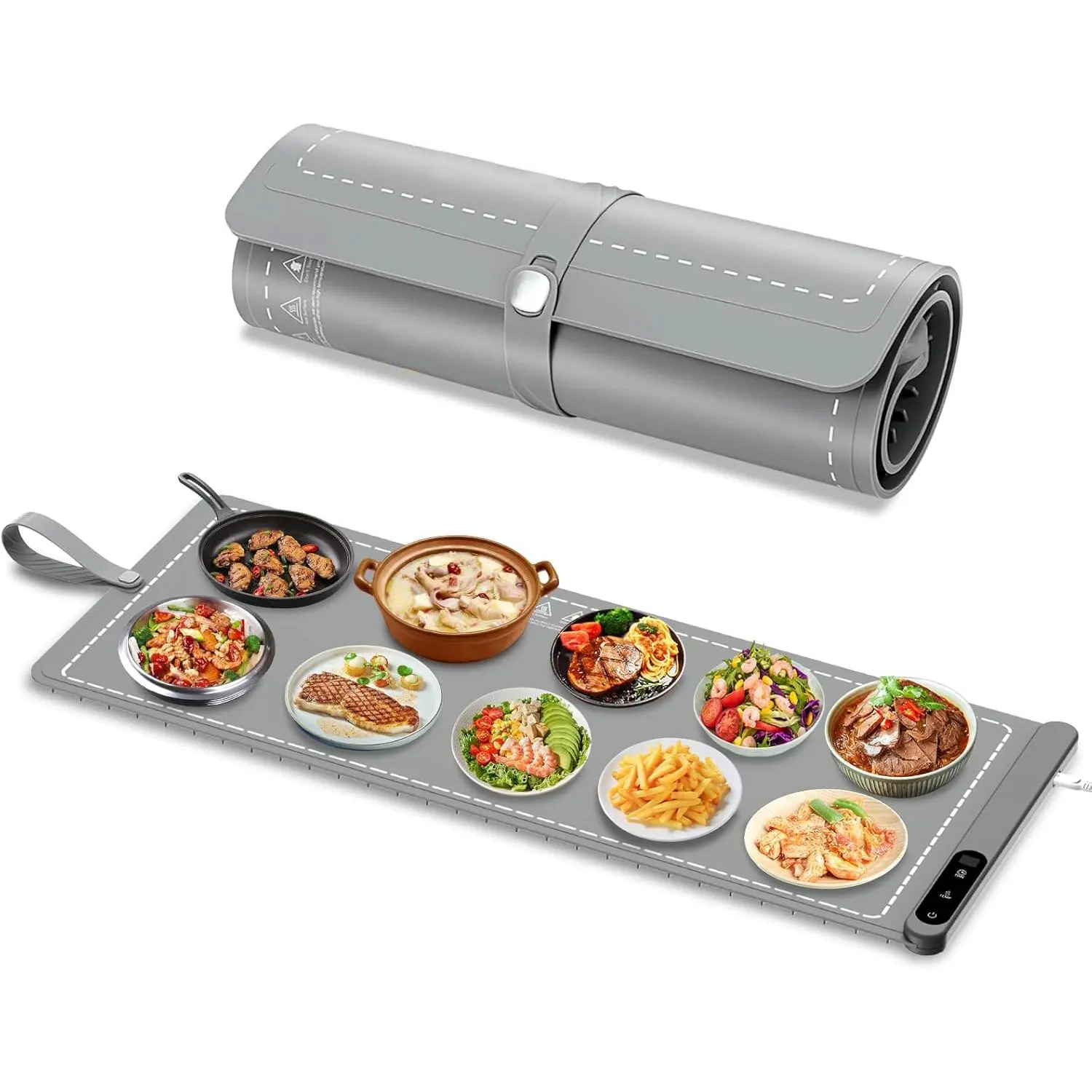 Grey Silicone Thermal Electric Food Warming Mat - Extra Large, 6 Settings, Digital Temperature Control, 1-Hour Timer, Full Surface Heating, Default Setting, No Overheating Risk for Kitchen Gatherings