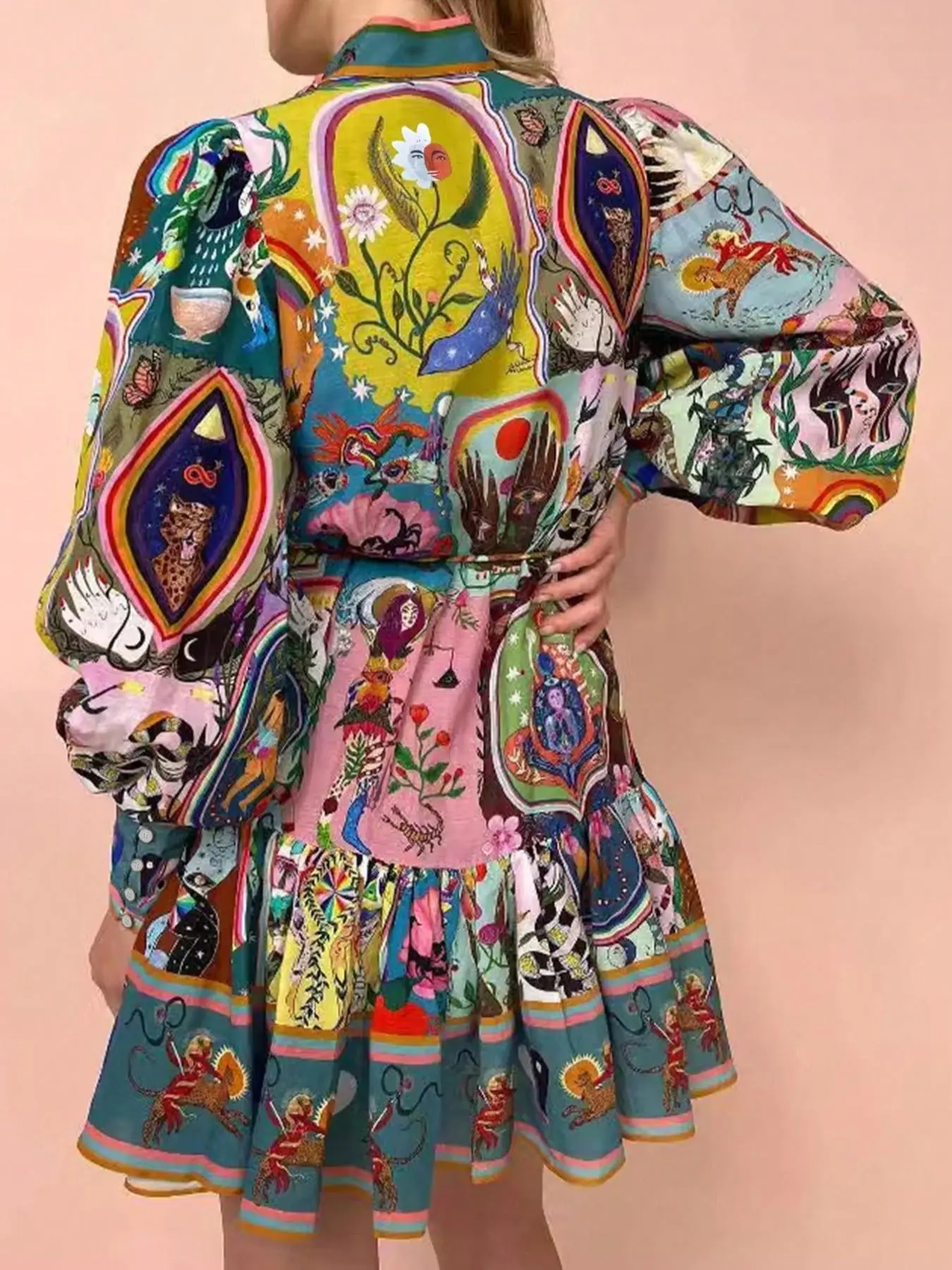 Women's Spring and Summer Short Skirt, Holiday Casual Wear Boho Bohemian Retro Floral Printed Tie-Strap, Long Sleeve Dress, Stylish, Aesthetic and Comfortable