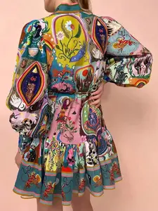 Women's Spring and Summer Short Skirt, Holiday Casual Boho Retro Printed Tie-Strap, Long Sleeve Dress, Stylish and Comfortable
