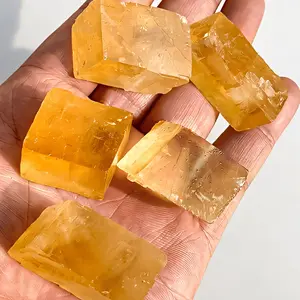 1pc Natural Yellow Calcite Crystal Cube, Optical Illusion Stone, Rainbow Colors, Irregular Shape, Home Office Decor, Educational Display