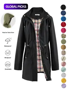 Women's Solid Color Drawstring Zip Up Hooded Coat Raincoat, Casual Long Sleeve Waterproof Windproof Breathable Outerwear for Spring & Fall, Ladies Clothes for Daily Wear