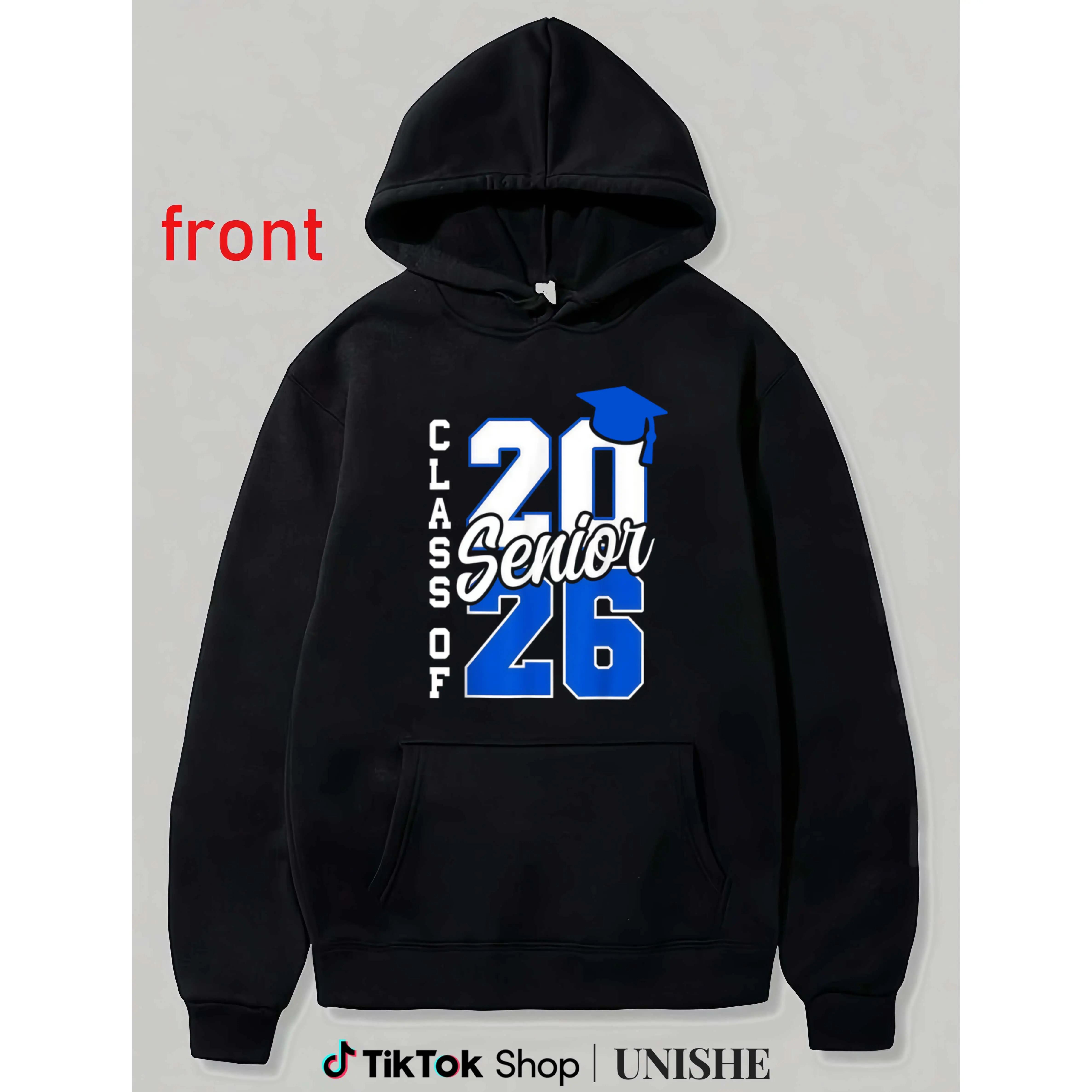 Class of 2026 Senior Hoodie – Black with Blue Graduation Cap Print Classic Fabrics Layer Menswear