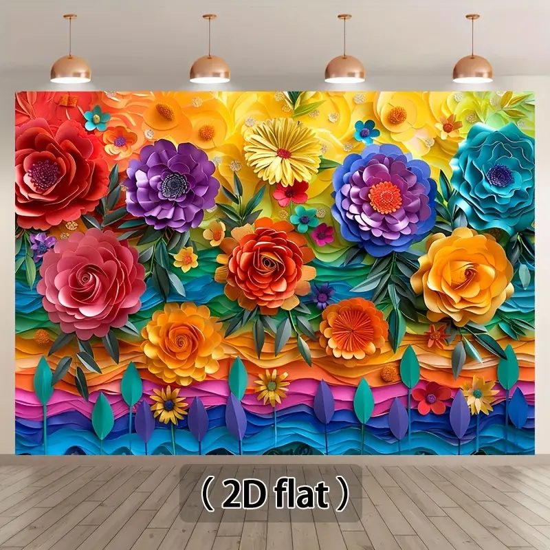 1PC Reusable 2D Flat Colorful Polyester Paper Art Flower Backdrop Banner - Photography Background Cloth, Living Room Decorative Tapestry, Birthday Party Decoration Curtain