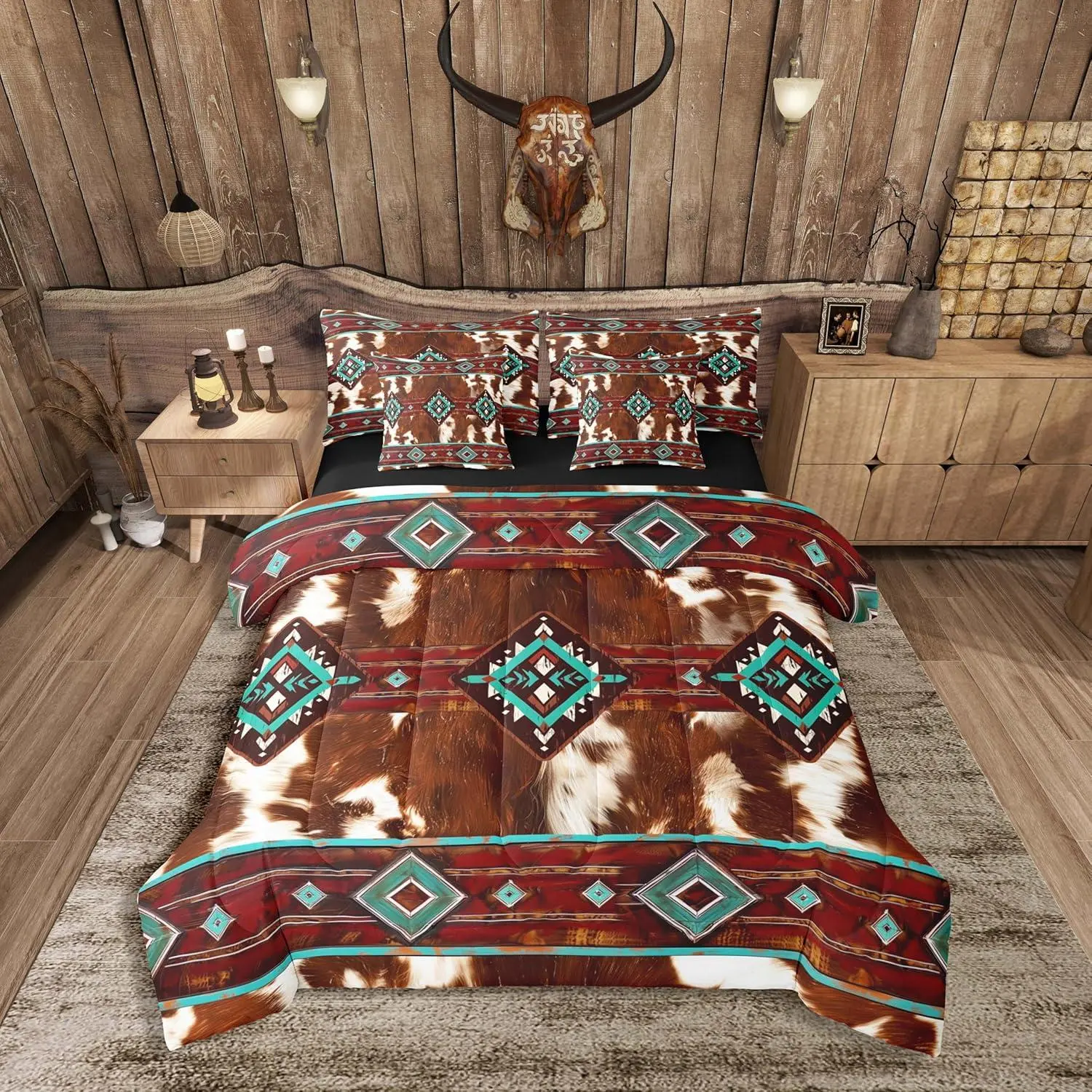 Cow Fur Printed Comforter Set with Sheets Western Bed in a Bag Southwestern Aztec Cowhide Boho Geometric Farmhouse 7 Pieces Bedding Set Bedroom Decor Soft