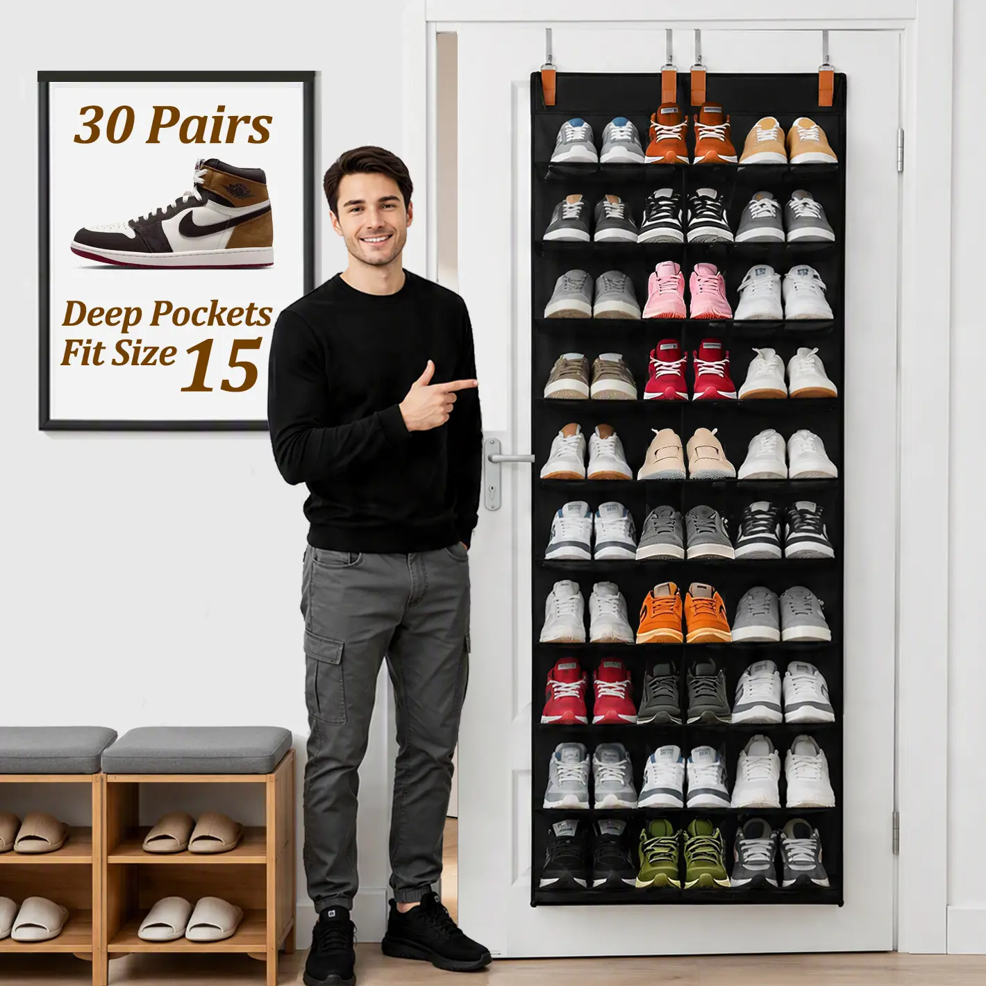 20-30 Pairs Over the Door Shoe Rack Organizer, 10-Tier Door Shoe Holder Storage, 20 Large Deep Pockets Breathable Mesh Hanging Shoe Storage for Closet, Handing Shoes Holder Fit All the Family's Sneakers, Boots, Heels, White, Shoe Rack Organizer