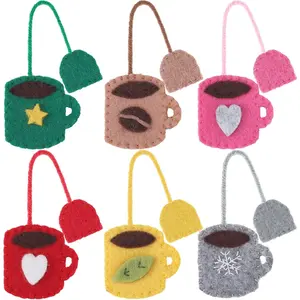 6 count Cups and  Bag Felt Bookmarks Cute Christmas  Mug Shape Hand Embroidered Bookmarks for Xmas Holiday Women Teacher Book Reading Lovers