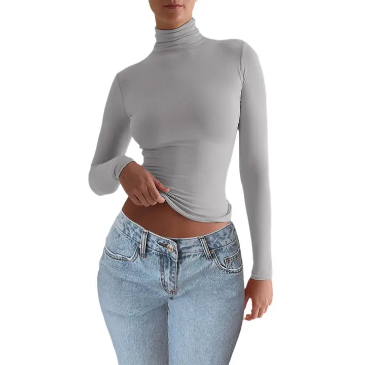 Y2K Women's Turtleneck Fitted Long Sleeve Top – Slim Stretch Basic Layering Tee for Women | Soft Casual Streetwear Shirt