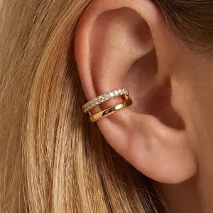 Mairasz Minimalist Double Layer CZ Ear Cuff for Women No Piercing Geometric Climber Cartilage Clip Earrings Simple Daily Jewelry