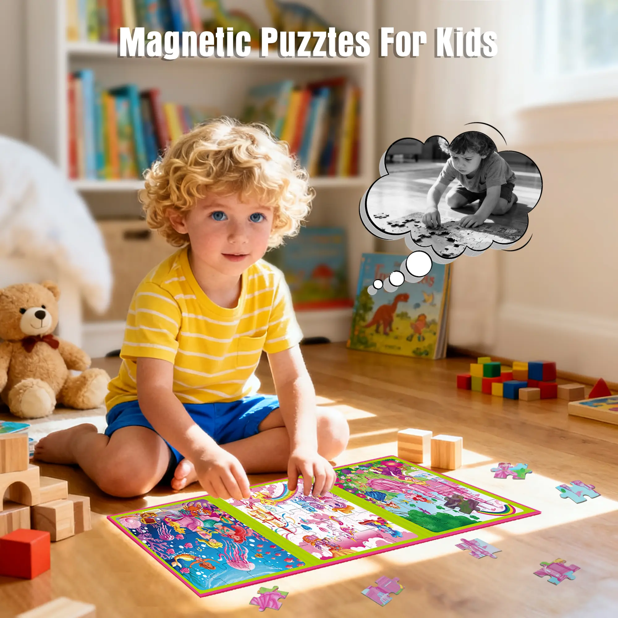 [#Summervibes] LumiKidz 3-Themes Magnetic Puzzle - 20-Piece Compact Travel Road Trip Toy, Educational Learning Magnets for Ages 2-6 (3-4 Years Highlighted) Boys & Girls