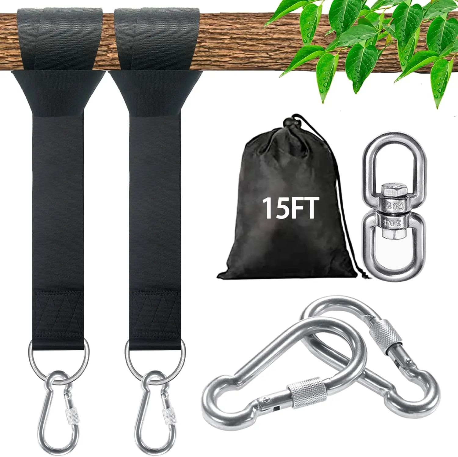 Tree Swing Straps Hanging Kit - 3FT/8FT/15FT/20FT/30FT,  & Durable - Holds Up to 5000lbs - Adjustable Tree Swing Straps Fit for All Swings, Hammocks, Safer & Easy Installation (15 FT)