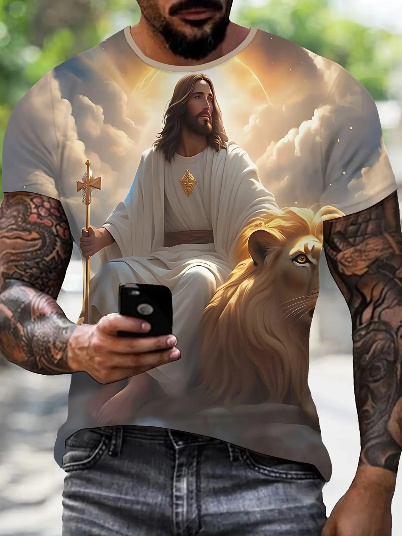 Jesus and Lion Digital Print Men's Classic Fashion Short Sleeve Round Neck T-Shirt, Animal Graphic Tee, Artwork Tee, Mary Magdalene Print, Stylish Graphic Tee, Casual Daily Wear Streetwear Top Menswear
