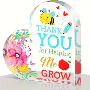 Acrylic Heart Teacher Appreciation Gift - "Thank You for Helping Me Grow" Desk Decor, Perfect Teacher Thank You Gift for Women, Men, Preschool/High School Teacher, End of Year/Teacher's Day Gift outdoor dad hone wall art sign bar gardening flat library