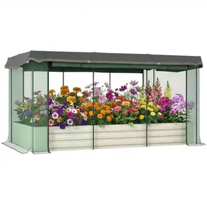 Rectangular Raised Garden Bed in Painted Metal, 0.6 mm, Beige 120 x 90 x 30 cm with Insect Net and Irrigation System, Raised Bed for Garden and Balcony