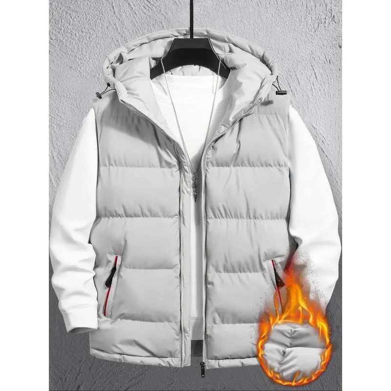 Men's Casual Hooded Vest Jacket, Zipper Sleeve Down Coat, Winter Outdoor Leisure Bubble Vest, Perfect Gift for Friends & Family